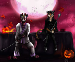 aliena-cordis anthro canid canine canis duo felid halloween holidays male mammal mask melee_weapon pantherine seasonal sword tiger weapon wolf