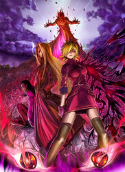 alucard_(hellsing) black_hair blonde_hair bottomwear breasts cigarette clothed clothing cloud eyewear female glasses gloves group hair hand_in_pocket handwear hellsing human integra junshi_(junbox) legwear long_hair male mammal not_furry outside pockets red_eyes seras_victoria shirt skirt sky smile smoking stockings thigh_highs topwear undead unknown_artist vampire walter_dornez