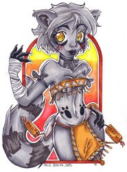 2005 anthro blush breasts claws clothed clothing feather_necklace female footprint fur hair hand_wraps keyshakitty mammal markings nymph pawprint pawprint_(marking) procyonid raccoon salome_(sokora_refugees) skimpy smile sokora_refugees solo wraps yellow_eyes