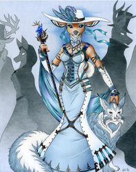 alternative_fashion anthro anthro_focus canid canine cervidian94 clothed clothing collaboration deer dress felid feline female feral fully_clothed group hat headgear headwear hi_res kaneshia lynx magicclam mammal restricted_palette solo_focus spirit steampunk traditional_media_(artwork)