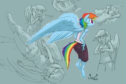 2013 annoyed anthro anthrofied blue_body blue_feathers blue_fur chuckling closed_eyes clothing english_text equid equine feathered_wings feathers female friendship_is_magic fur hair hasbro looking_at_viewer mammal multicolored_hair multicolored_tail my_little_pony mythological_creature mythological_equine mythology pegasus purple_eyes rainbow_dash_(mlp) rainbow_hair rainbow_tail resting signature simple_background sleeping solo tail text wick_(artist) wings