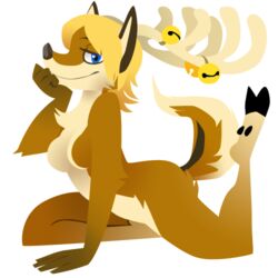 1:1 alpha_channel antlers bell blonde_hair blue_eyes breasts canid canine canis deer digital_media_(artwork) female hair hooves horn hybrid kaia_(truekaia) looking_at_viewer low_res mammal raspberrymaggot seductive simple_background smile solo transparent_background vector wolf