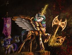 2013 abstract_background alicorn armor axe banner battle_axe chainmail double_bitted_axe equid equine feathered_wings feathers female feral friendship_is_magic fur furgonomics glowing group hair hasbro headgear helmet hi_res horn magic magic_user male mammal melee_weapon multicolored_hair my_little_pony mythological_creature mythological_equine mythology princess princess_celestia_(mlp) purple_body purple_eyes purple_fur purple_hair royalty signature silfoe simple_background standard standard_bearer twilight_sparkle_(mlp) two_tone_hair unicorn weapon wing_armor wings