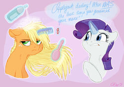 2013 accessory annoyed applejack_(mlp) blonde_hair blue_eyes brush brushing brushing_hair comb_(brush) dialogue duo earth_pony english_text equid equine eyeshadow female feral friendship_is_magic fur glowing graystripe64 green_eyes hair hair_accessory hairband hairbrush hairspray hasbro hi_res horn horse levitation magic makeup mammal my_little_pony mythological_creature mythological_equine mythology personal_grooming pony purple_hair rarity_(mlp) social_grooming sparkles styling_hair text unicorn white_body white_fur