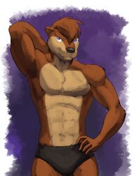 2013 3:4 abs anthro biceps biped black_nose briefs brown_body brown_fur brown_hair bulge chest_tuft clothed clothing flexing fur grin hair hands_behind_head male mammal muscular muscular_anthro muscular_male mustelid otter paws pecs pose purple_eyes smaller_version_at_source smile solo standing tan_body tan_fur topless tuft underwear valentinapaz