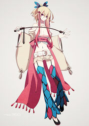 accessory alternate_species asian_clothing belt blonde_hair bow_accessory bow_kimono breasts cleavage clothed clothing clothing_bow cloverleaf_knot east_asian_clothing female fringe_clothing fringe_trim garter_belt garter_straps generation_3_pokemon hair hair_accessory hairband hi_res holding_riding_crop human humanized japanese_clothing jewelry kimono legwear looking_at_viewer mammal merlusa milotic multicolored_hair navel navel_piercing nintendo obi piercing pokemon pokemon_(species) riding_crop smile solo tassels thigh_highs tied_obi two_tone_hair waist_bow whip