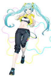  aqua_eyes aqua_hair ass_visible_through_thighs bare_shoulders breasts capri_pants check_commentary clenched_hands clothing_cutout commentary_request cropped_hoodie female fingerless_gloves fitness_boxing fitness_boxing_feat._hatsune_miku:_isshoni_exercise full_body gloves hatsune_miku headgear headset highres hood hoodie long_hair looking_at_viewer lowleg lowleg_pants midriff navel official_alternate_costume open_mouth pants running shoes shoulder_cutout simple_background smile sneakers solo sports_bra twintails very_long_hair vocaloid yellow_hoodie yukihane_(snowowl515) 