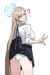  ? absurdly_long_hair absurdres alfie_(tmdals7645) asuna_(blue_archive) asymmetrical_bangs bag black_skirt blue_archive blue_eyes breasts brown_hair cowboy_shot female halo highres long_hair long_sleeves looking_at_viewer looking_back medium_breasts open_mouth panties school_bag school_uniform shirt shirt_tucked_in simple_background skirt skirt_caught_on_object sleeves_rolled_up smile solo standing underwear very_long_hair w white_background white_panties white_shirt 