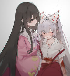  2girls black_hair bleeding blood blood_on_arm blood_on_clothes bow bowtie closed_eyes commentary_request facing_viewer frilled_sleeves frills fujiwara_no_mokou grey_eyes grey_hair hairbow hand_on_another&#039;s_shoulder highres houraisan_kaguya injury kani_nyan long_hair long_sleeves multiple_girls pants parted_lips pink_shirt red_pants shirt torn_clothes torn_shirt torn_sleeves touhou very_long_hair white_bow white_bowtie wide_sleeves 