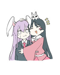  &lt;o&gt;_&lt;o&gt; 2girls :3 animal_ears belt black_hair black_jacket blank_eyes blazer blush_stickers breasts cheek_squash closed_eyes collared_jacket collared_shirt commentary_request deetamu empty_eyes floppy_ears grabbing grabbing_another&#039;s_breast hand_on_another&#039;s_head houraisan_kaguya hug jacket large_breasts long_hair looking_at_viewer multiple_girls necktie open_mouth pink_shirt purple_hair rabbit rabbit_ears red_necktie red_skirt reisen_udongein_inaba ribbon shirt simple_background skirt sweat touhou upper_body very_long_hair white_background white_ribbon white_shirt 