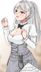  armpit_cutout breasts brown_eyes cleavage cleavage_cutout clothing_cutout conte_di_cavour_(kancolle) dress female frilled_dress frills grey_dress grey_hair highres kantai_collection koru_pera large_breasts layered_dress long_hair long_sleeves open_mouth solo two-tone_dress two_side_up very_long_hair white_dress 