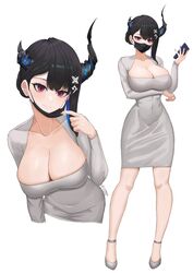  absurdres alternate_costume arm_under_breasts asymmetrical_horns black_hair black_mask blue_hair breasts cellphone cleavage colored_inner_hair demon_horns dongtan_dress dress female full_body grey_footwear highres holding holding_phone hololive hololive_english horns large_breasts lazycoffee_(wyen_iscordo) looking_at_viewer mask mask_pull meme_attire mole mole_under_eye mouth_mask multicolored_hair multiple_views nail_polish nerissa_ravencroft phone red_eyes red_nails short_hair smartphone virtual_youtuber white_background white_dress 