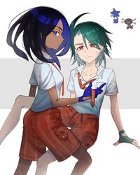  2girls aged_down ahoge alternate_hair_length alternate_hairstyle black_hair blue_eyes breast_pocket breasts bright_pupils closed_mouth collared_shirt commentary_request dark-skinned_female dark_skin earrings fingerless_gloves geeta_(pokemon) glimmet gloves green_hair highres jewelry loose_necktie molingxiang_chimangguo multiple_girls naranja_academy_school_uniform necktie orange_necktie orange_shorts paldean_wooper pantyhose pocket pokemon pokemon_(creature) pokemon_sv red_eyes rika_(pokemon) school_uniform shirt short_sleeves shorts sweat white_pupils white_shirt 