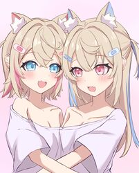  2girls absurdres animal_ear_fluff animal_ears bandaid bandaid_hair_ornament blonde_hair blue_eyes blue_hair blush breasts dog_ears dog_girl fuwawa_abyssgard hair_ornament hairpin highres hololive hololive_english hug long_hair looking_at_another looking_at_viewer medium_breasts medium_hair mococo_abyssgard multicolored_hair multiple_girls nekomotowata oerba_yun_fang open_mouth pink_eyes pink_hair shirt siblings sisters skin_fang small_breasts smile streaked_hair twins two_side_up virtual_youtuber white_shirt x_hair_ornament 