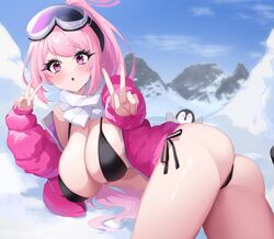  absurdres ass bikini bird black_bikini blue_archive breasts cleavage double_v eimi_(blue_archive) eimi_(swimsuit)_(blue_archive) female highres jacket large_breasts long_hair looking_at_viewer mountain official_alternate_costume open_mouth penguin pink_eyes pink_hair pink_jacket ponytail scarf side-tie_bikini_bottom snow snow_goggles swimsuit taiyaki12 v white_scarf 