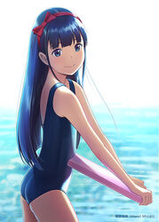  ass black_hair blue_eyes blue_one-piece_swimsuit commentary_request cowboy_shot female flat_chest hairband hiyori_mizuki holding_kickboard kickboard long_hair looking_at_viewer one-piece_swimsuit original red_hairband school_swimsuit smile solo swimsuit water 