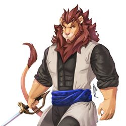  1:1 adrovmike adrovmike_art anthro clothed clothing digital_media_(artwork) felid fur hair hi_res lion male mammal muscular muscular_anthro muscular_male pantherine raion_seyfrid simple_background solo tail 