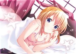  bare_arms bed_sheet blonde_hair blurry blurry_background breasts cleavage closed_mouth collarbone dutch_angle female gochuumon_wa_usagi_desu_ka? hair_between_eyes highres hoto_cocoa kohakugin long_hair looking_at_viewer lying on_side pink_shirt purple_eyes shirt sleeveless sleeveless_shirt small_breasts smile solo straight_hair under_covers 