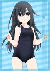  asashio_(kancolle) black_hair blue_background blue_eyes blue_one-piece_swimsuit blush breasts character_name commentary_request covered_navel female glaze_artifacts highres inaba_shiki kantai_collection long_hair looking_at_viewer new_school_swimsuit one-piece_swimsuit school_swimsuit small_breasts smile solo swimsuit 