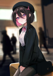  absurdres alternate_costume azki_(hololive) beret black_hair black_headwear black_jacket black_pantyhose blurry blurry_background blush bob_cut breasts closed_mouth colored_inner_hair commentary female hair_between_eyes hat highres hololive jacket long_sleeves looking_at_viewer medium_breasts multicolored_hair open_clothes open_jacket outdoors pantyhose pink_hair purple_eyes rifufu shirt short_hair short_hair_with_long_locks sidelocks sitting solo_focus streaked_hair two-tone_hair virtual_youtuber white_shirt women&#039;s_wallet 