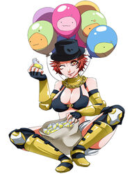  armor armored_boots balloon bikini bikini_top_only black_bikini black_gloves black_hat black_thighhighs boots breasts chain_necklace chains cleavage closed_mouth commentary_request elbow_gloves female fingerless_gloves flowery_peko full_body gauntlets gloves gold_armor hat jewelry jumpsuit jumpsuit_around_waist large_breasts leg_armor lips looking_at_viewer mechanic_(ragnarok_online) necklace one_eye_closed poring potion ragnarok_online red_eyes red_hair sack simple_background sitting smile solo star_(symbol) star_in_eye swimsuit symbol_in_eye thighhighs top_hat white_background white_jumpsuit 