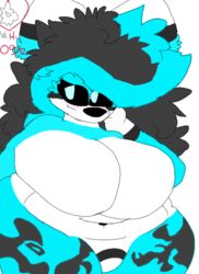  anthro artist_logo artist_name big_breasts black_hair blue_arms blue_eyes blue_hair blush blush_lines breasts canid canine canis featureless_breasts featureless_crotch female fox fur hair hand_on_cheek huge_breasts hybrid logo mammal multicolored_body multicolored_fur obese obese_anthro overweight overweight_anthro passionate solo solsis tattoo w0lfh4art white_hand wolf 