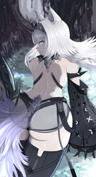  absurdres animal_ears ass black_hairband black_sleeves black_thighhighs character_name cross-shaped_pupils detached_sleeves female grey_eyes grey_hair hair_intakes hairband highres long_hair long_sleeves looking_at_viewer looking_back mechanical_parts mechanical_tail no.21:_feral_scent_(punishing:_gray_raven) no.21_(punishing:_gray_raven) punishing:_gray_raven solo subdermal_port symbol-shaped_pupils tail thighhighs wide_sleeves wolf_ears wolf_tail yuzu_(yuzexit565) 