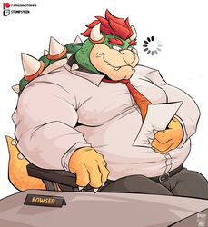  4_fingers anthro black_bottomwear black_clothing black_pants bottomwear bowser buffering claws clothed clothing collar dress_pants dress_shirt eyebrows fingers formal_clothing formal_wear fully_clothed hair horn koopa male mario_bros name_plate necktie nintendo overweight overweight_anthro overweight_male pants patreon patreon_logo patreon_username red_eyes red_hair scalie shell shirt solo spiked_collar spiked_shell spikes spikes_(anatomy) stompsyeen thick_eyebrows topwear twitch_logo white_claws white_clothing white_shirt white_topwear 