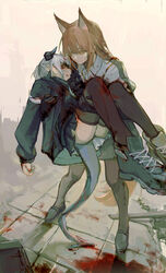  2girls absurdres animal_ears arknights blood blood_on_clothes blood_on_face brown_hair carrying chinese_commentary closed_mouth commentary curtch dragon_girl dragon_horns dragon_tail fox_ears fox_girl fox_tail franka_(arknights) gloves highres horns injury jacket liskarm_(arknights) looking_at_another looking_down miniskirt multiple_girls open_clothes open_jacket parted_lips ponytail princess_carry shoes skirt standing tail thighhighs weapon_on_floor white_hair 