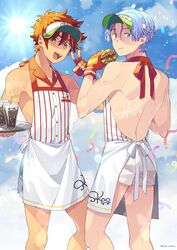  2boys apron back bishounen blue_hair blue_sky burger copyright_name drink drinking_straw food gloves hasegawa_langa highres kyan_reki looking_at_viewer male_focus multiple_boys open_mouth orange_eyes red_gloves red_hair shorts sk8_the_infinity sky smile twitter_username uppi v visor_cap white_shorts 