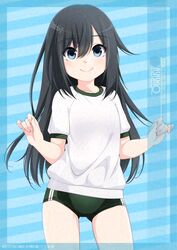  asashio_(kancolle) black_hair blue_eyes blush breasts buruma character_name commentary_request cowboy_shot female glaze_artifacts green_buruma gym_shirt gym_uniform highres inaba_shiki kantai_collection long_hair looking_at_viewer shirt short_sleeves small_breasts smile solo t-shirt white_shirt 