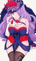  alternate_costume artist_name bare_shoulders breasts camilla_(fire_emblem) cleavage closed_mouth cosplay fascinator female fire_emblem fire_emblem_engage fire_emblem_fates fur_trim gloves grey_background hair_over_one_eye hand_on_own_chest headdress highres ivy_(fire_emblem) ivy_(fire_emblem)_(cosplay) large_breasts long_hair mole mole_on_thigh purple_eyes purple_hair serafineart1001 sitting solo thighhighs thighs 