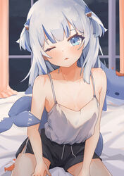  8_nana_usagi absurdres alternate_costume bare_arms bare_shoulders bed_sheet black_shorts blue_eyes blue_hair blush breasts camisole collarbone commentary curtains drawstring ebi-chan_(gawr_gura) english_commentary female fins fish_tail gawr_gura grey_hair hair_ornament head_tilt highres hololive hololive_english indoors long_hair looking_at_viewer multicolored_hair one_eye_closed petite puckered_lips shark_girl shark_hair_ornament shark_tail shorts sidelocks sitting small_breasts solo spaghetti_strap streaked_hair stuffed_animal stuffed_shark stuffed_toy tail two_side_up virtual_youtuber white_camisole window 