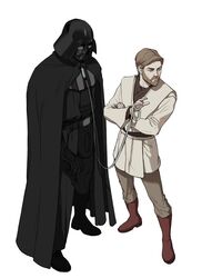  01lcg 2boys armor beard black_armor black_cape black_footwear black_gloves blonde_hair blue_eyes boots brown_footwear cape commentary darth_vader facial_hair gloves highres mole mole_under_eye multiple_boys obi-wan_kenobi simple_background standing star_wars star_wars:_revenge_of_the_sith symbol-only_commentary white_background 