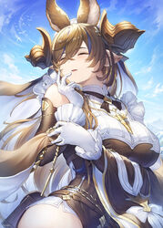  animal_ears bare_shoulders black_dress blush breasts brown_hair closed_eyes detached_sleeves dress extra_ears female frilled_sleeves frills galleon_(granblue_fantasy) gloves granblue_fantasy hair_between_eyes highres horns large_breasts long_hair multicolored_hair pointy_ears solo streaked_hair very_long_hair white_gloves yuiko_(yuiyuiko_108) 