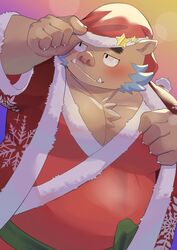  2023 absurd_res amidasuke anthro belly big_belly blush brown_body christmas christmas_clothing christmas_headwear clothing costume ganglie_(tas) hat headgear headwear hi_res holidays humanoid_hands kemono lifewonders male mammal overweight overweight_male santa_costume santa_hat solo suid suina sus_(pig) tokyo_afterschool_summoners wild_boar 