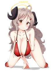  absurdres ahoge all_fours arm_under_breasts bare_arms bare_legs bare_shoulders bikini black_hoodie blue_archive blush breasts brown_eyes cleavage closed_mouth collarbone curled_horns curly_hair female front-tie_bikini_top front-tie_top full_body furrowed_brow hair_ornament hairclip halo hand_up hanging_breasts head_tilt highres hood hoodie horns huge_breasts izumi_(blue_archive) izumi_(swimsuit)_(blue_archive) komasi legs_apart light_brown_hair long_hair looking_at_viewer mole mole_on_leg o-ring o-ring_bikini official_alternate_costume red_bikini red_footwear sagging_breasts sandals shadow short_eyebrows sideboob simple_background smile solo string_bikini swimsuit white_background yellow_halo 