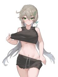  armpit_crease black_shorts black_tank_top blush breasts chinese_commentary closed_mouth clothes_pull collarbone cowboy_shot eyelashes female finger_under_clothes green_eyes green_nails hair_between_eyes hair_ornament hairclip highres honkai:_star_rail honkai_(series) light_brown_hair looking_at_viewer low_twintails medium_breasts midriff navel ningmeng_chamao qingque_(honkai:_star_rail) shirt_pull shorts shorts_pull simple_background skindentation solo tank_top thighhighs twintails underboob white_background 