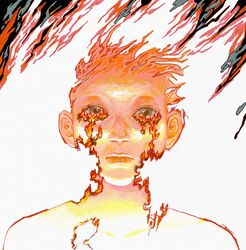  1other alternate_body_fluid body_horror burning closed_mouth crying dissolving eyelashes fiery_hair fire grey_eyes highres kanmuhito looking_at_viewer orange_theme original portrait short_hair solo spiked_hair straight-on 