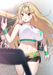  absurdres alternate_costume bare_shoulders blonde_hair blush bouncing_breasts breasts earrings exercise_machine exercising female green322 gym headpiece highres jewelry large_breasts long_hair mythra_(xenoblade) rex_(xenoblade) running shorts sports_bra sweat swept_bangs tiara treadmill unaligned_breasts very_long_hair white_sports_bra xenoblade_chronicles_(series) xenoblade_chronicles_2 yellow_eyes 