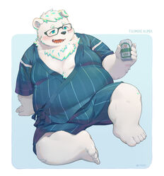  2023 absurd_res alcohol anthro bear beer belly beverage big_belly blush can container eyewear fur glasses hi_res humanoid_hands jinbei_(clothing) kemono male mammal moobs navel nipples overweight overweight_male seamonsterping simple_background sitting solo white_body white_fur 