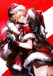  1boy ass ass_peek black_hair blonde_hair blush breasts capelet christmas closed_eyes cloud_strife couple dress female final_fantasy final_fantasy_vii final_fantasy_vii_ever_crisis fur-trimmed_capelet fur-trimmed_gloves fur_trim gloves hat highres kissing long_hair official_alternate_costume red_capelet red_dress red_headwear santa_costume santa_gloves santa_hat skirt spiked_hair spykeee straight surprised tifa_lockhart tifa_lockhart_(fairy_of_the_holy_flame) wide-eyed 