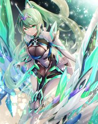  armor armored_bodysuit black_bodysuit bodysuit breasts chest_jewel closed_mouth commentary_request core_crystal_(xenoblade) earrings female gloves green_eyes green_hair highres jewelry large_breasts long_hair looking_at_viewer pneuma_(xenoblade) ponytail smile solo swept_bangs tiara ui_frara very_long_hair white_armor white_gloves xenoblade_chronicles_(series) xenoblade_chronicles_2 