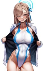  alternate_costume asuna_(blue_archive) blue_archive blue_eyes blue_halo blue_one-piece_swimsuit breasts competition_swimsuit covered_navel female hair_over_one_eye halo highleg highleg_swimsuit highres large_breasts light_brown_hair long_hair looking_at_viewer multicolored_clothes multicolored_swimsuit one-piece_swimsuit open_clothes open_shirt smile solo standing swimsuit two-tone_swimsuit volyz white_one-piece_swimsuit 