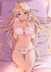  absurdres azur_lane bed blonde_hair blue_eyes blush bra breasts brest_(azur_lane) cameltoe cleavage closed_mouth female finger_to_own_chin from_above hands_on_own_chest head_tilt highres lace-trimmed_bra lace-trimmed_panties lace_trim lingerie long_hair looking_at_viewer lying on_back on_bed origami_aya panties pillow pink_bra pink_panties pointy_ears smile solo underwear underwear_only white_trim 