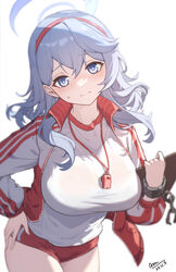  absurdres ako_(blue_archive) ako_(track)_(blue_archive) blue_archive blue_eyes blue_hair blue_halo breasts buruma chiyo_akira closed_mouth cowboy_shot crescent_halo dated female fingernails gym_shirt gym_uniform hair_between_eyes hairband halo highres jacket large_breasts long_hair open_clothes open_jacket red_buruma red_hairband shirt signature simple_background solo track_jacket whistle whistle_around_neck white_background white_shirt 