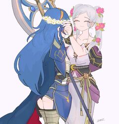  2girls armor axe blue_hair cape closed_eyes closed_mouth dress fire_emblem fire_emblem_awakening fire_emblem_heroes flower friends grey_hair hair_flower hair_ornament highres holding holding_axe long_hair lucina_(fate&#039;s_resolve)_(fire_emblem) lucina_(fire_emblem) multiple_girls official_alternate_costume robin_(female)_(fire_emblem) robin_(female)_(valentine)_(fire_emblem) robin_(fire_emblem) sasaki_(dkenpisss) shoulder_armor tiara twintails white_background white_dress 