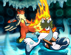  ambiguous_gender anthro axe_kick battle blaze_kick blaziken dregadude duo fight fighting_pose fire froslass generation_3_pokemon generation_4_pokemon ice nintendo pokemon pokemon_(species) pose wounded 