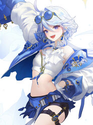  :d absurdres ahoge alternate_costume arm_up ascot asymmetrical_gloves belt blue-tinted_eyewear blue_belt blue_eyes blue_gemstone blue_gloves blue_hair blue_hat blue_jacket casual commentary crop_top daeho_cha earrings eyewear_on_head female furina_(genshin_impact) gem genshin_impact gentilhomme_usher gloves hair_between_eyes hand_on_own_hip hat highres holding holding_clothes holding_hat jacket jewelry legs light_blue_hair long_hair long_sleeves looking_at_viewer mademoiselle_crabaletta midriff mismatched_gloves multicolored_hair navel open_clothes open_jacket open_mouth round_eyewear short_hair shorts sidelocks simple_background smile solo sparkle standing stomach streaked_hair sunglasses surintendante_chevalmarin teeth thigh_strap thighs tinted_eyewear top_hat unworn_hat unworn_headwear upper_teeth_only white_ascot white_gloves white_jacket zipper 