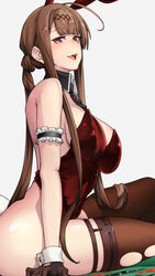  ahoge alternate_costume animal_ears black_gloves black_thighhighs blush breasts brown_hair collar commentary commission dsr-50_(girls&#039;_frontline) female girls&#039;_frontline gloves hair_ornament highres large_breasts leotard long_hair looking_at_viewer nakiusagi necktie o-ring open_mouth playboy_bunny rabbit_ears red_eyes red_leotard sitting skeb_commission smile solo teeth thigh_strap thighhighs torn_clothes torn_thighhighs upper_teeth_only white_background wrist_cuffs 